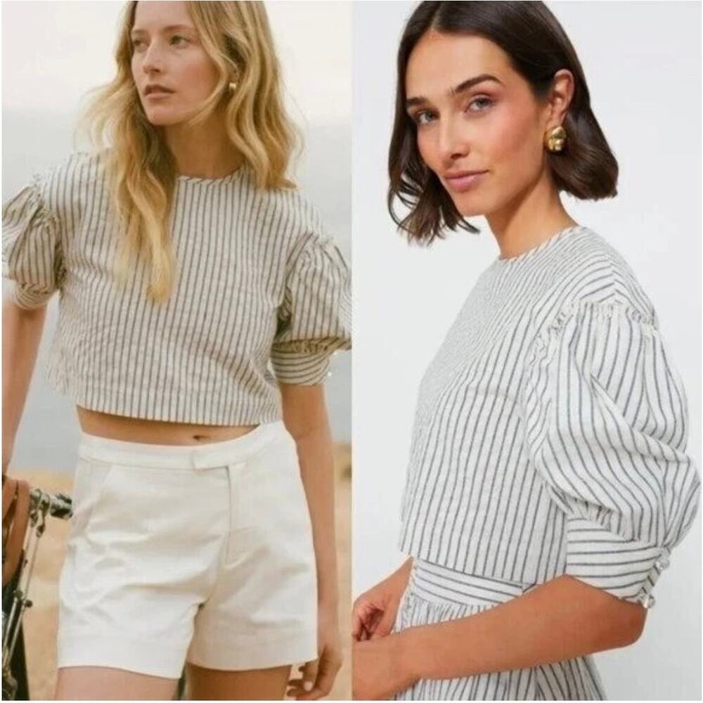 NWT Tuckernuck Edie Linen Puff Sleeve Crop Top in Blue Stripe - Size: Medium - Picture 2 of 12